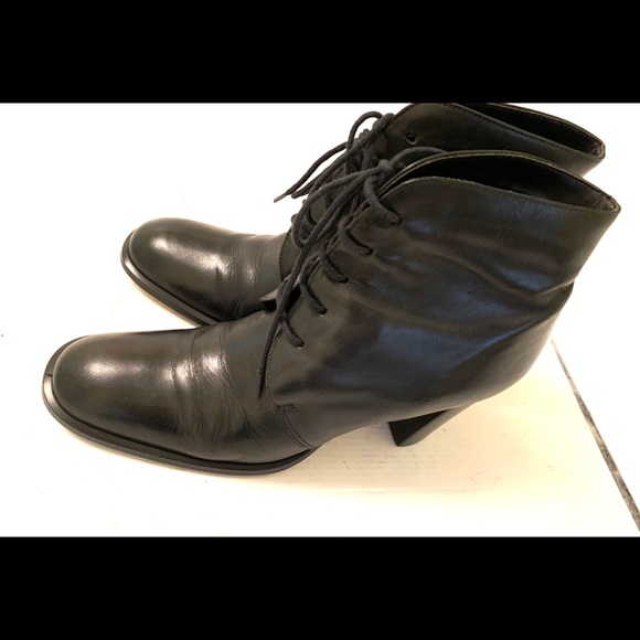 Shiny soft Black real Leather high ankle boots round toe tie-up laces Eu41 US 10 - Picture 6 of 14
